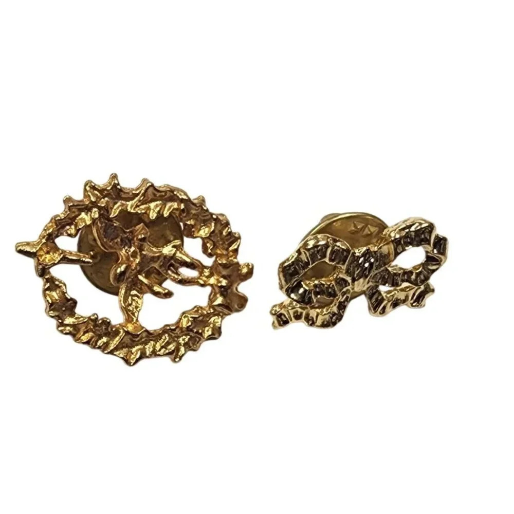 Vintage 60s-70s Set of 2 Bow and Angle Brooch Pin Gold Tone